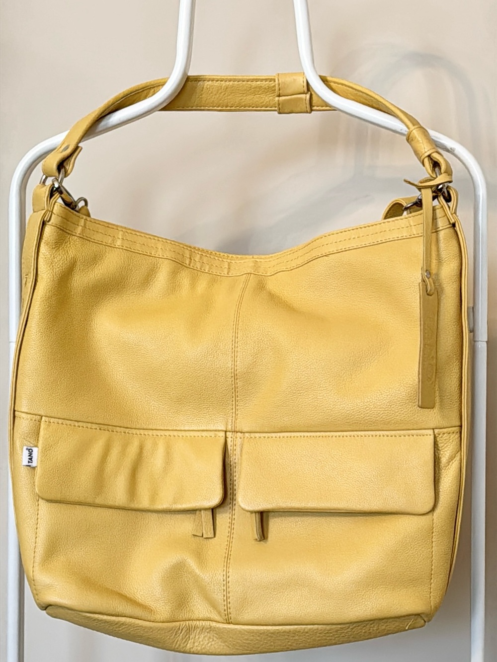 Tano Yellow Leather Shoulder Bag with Dual Front Flap Pockets